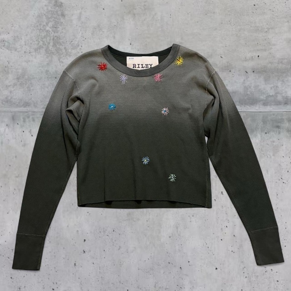 $165 Riley 1880 Vintage Thermal Dip Dye Shirt Raw Edge Hem Flower Embroidery S